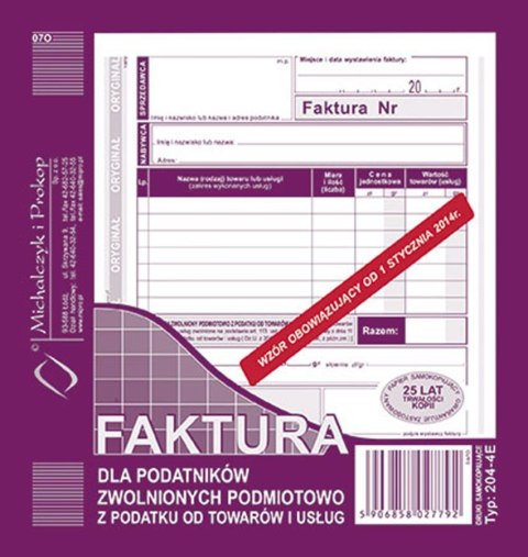 DRUK FAKTURA DLA PODATNIKÓW ZWOLNIONYCH Z PODATKU MICHALCZYK&PROKOP 204-4E MICHALCZYK I PROKOP